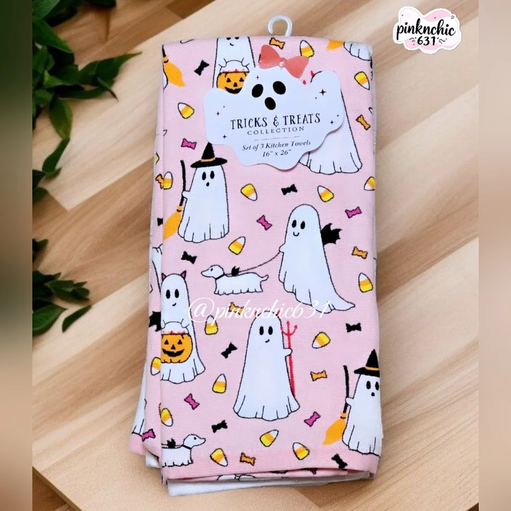 Ghost Walking Dog Pink Kitchen Hand Towels Set Of 3